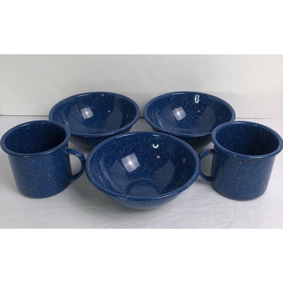 Enamelware Blue White Speckle Metal Outdoors Camping RV Cowboy 3 Bowls & 2 Cups - Picture 1 of 13